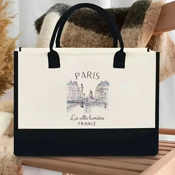 🗼 Paris France Cityscape Print Canvas Tote Bag Large Travel Bag Elegant 🎁 - Picture 4 of 5